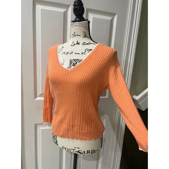 RALPH LAUREN CABLE KNIT SWEATER 100% COTTON V NECK SZ M CORAL/WHITE AESTHETIC - Picture 8 of 16